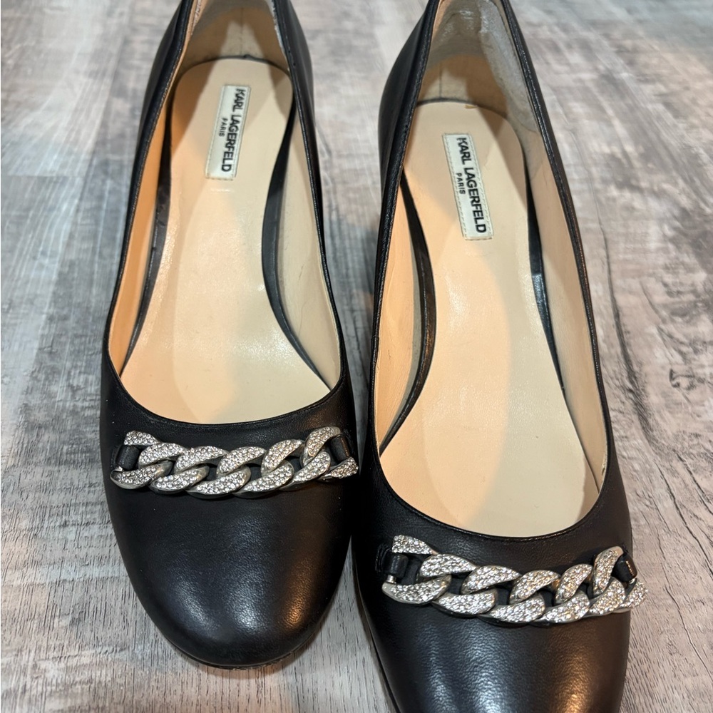 Karl Lagerfeld Black Heels with Silver Chain Detail